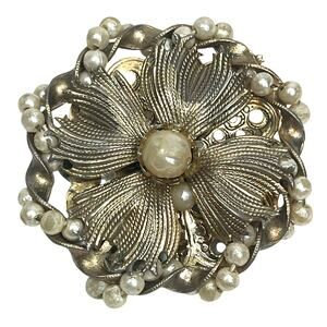 Vtg Brooch Gold Tone Faux Pearl Filigree Back 1.75"